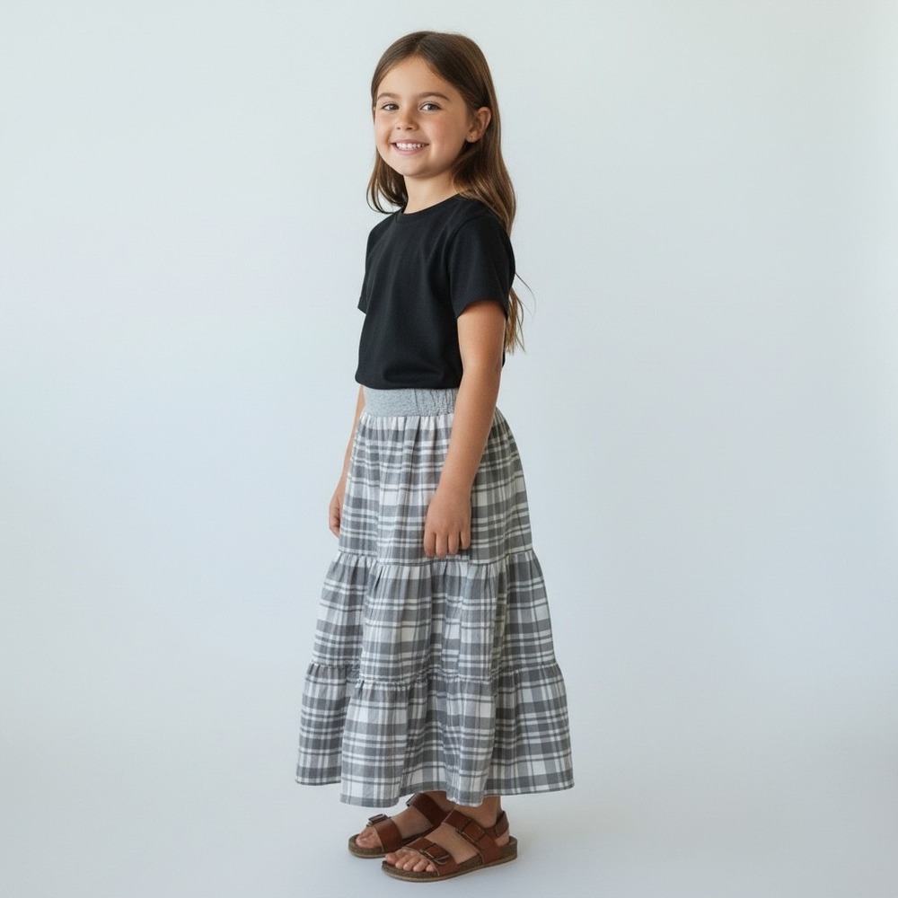 Girls Midi Mom and Pop's Kids Skirt Size 8 Gray Plaid Woven Upcycled Tiered